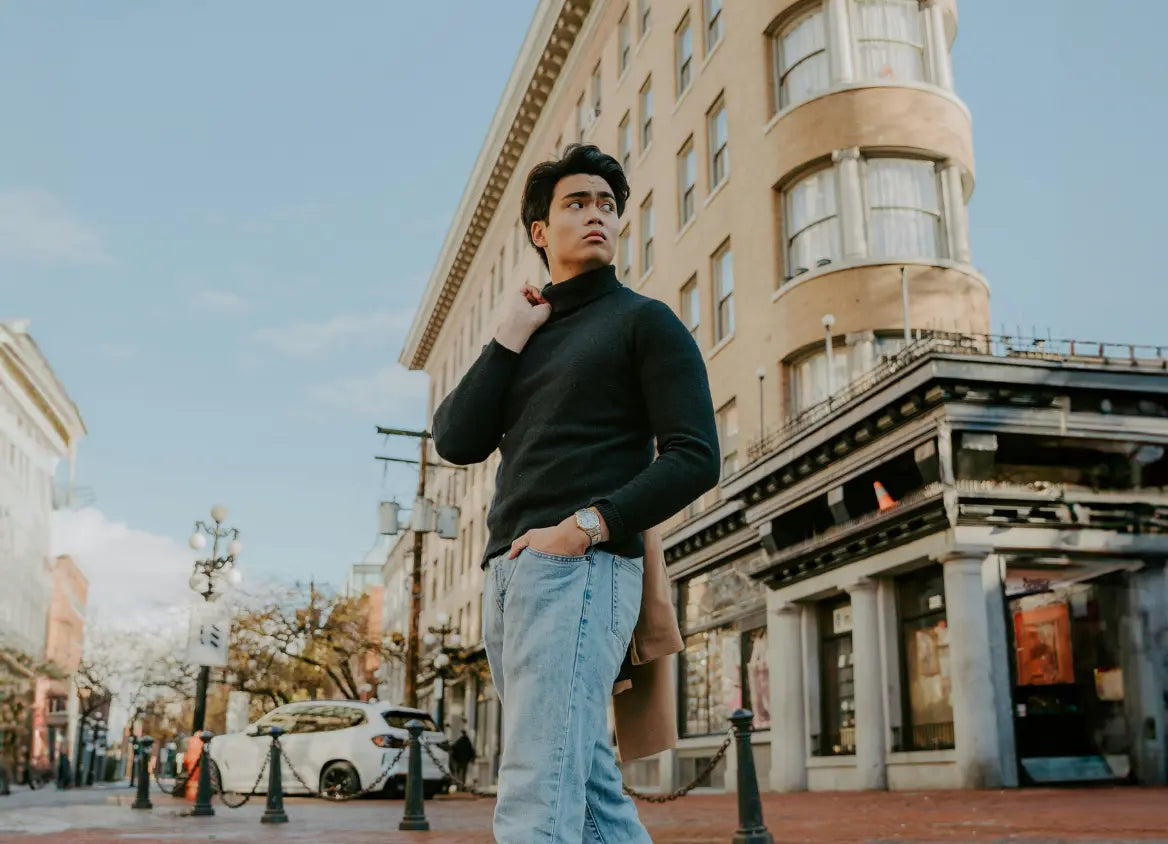 Short man under 175 cm wearing light wash jeans from Short Supply