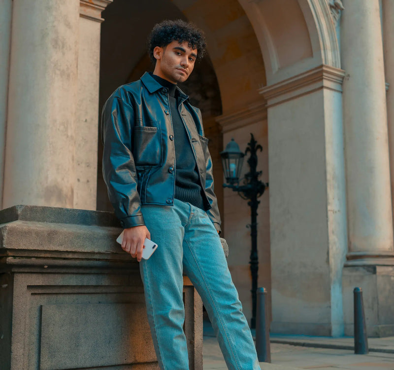  Short man wearing light wash denim jeans from Short Supply for shorter men